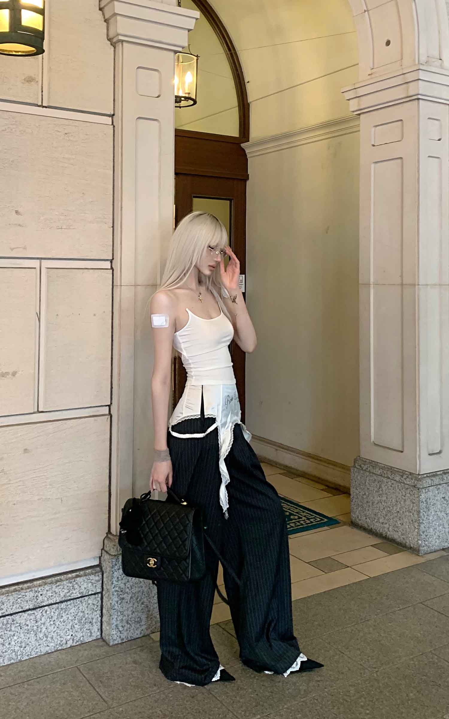 Rase le sol Wide-Leg Pinstripe Trousers with Lace Trim - PINKPARKS