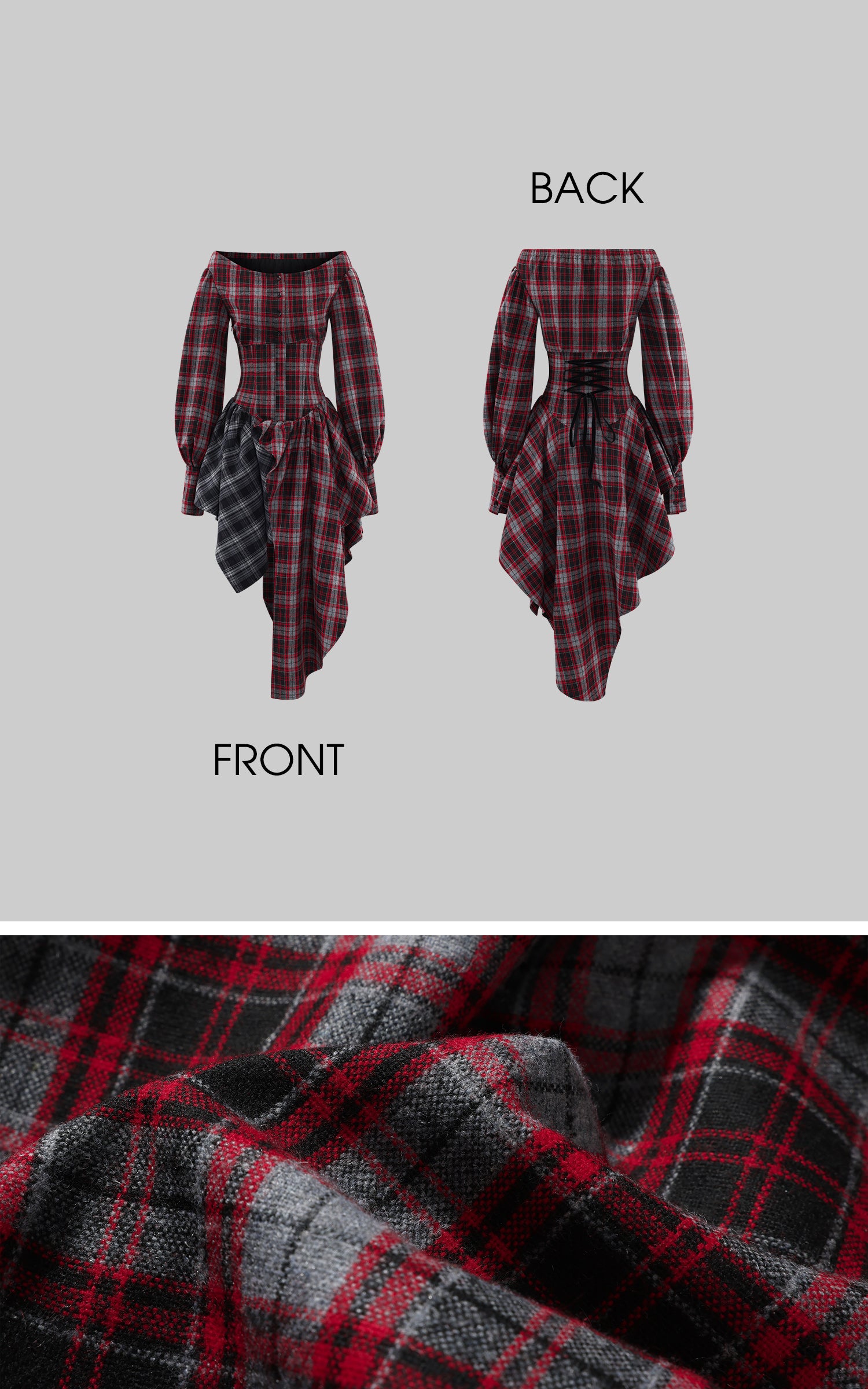 WARDEN EDGE ドレープパネル付きアシンメトリックチェックオフショルダードレス