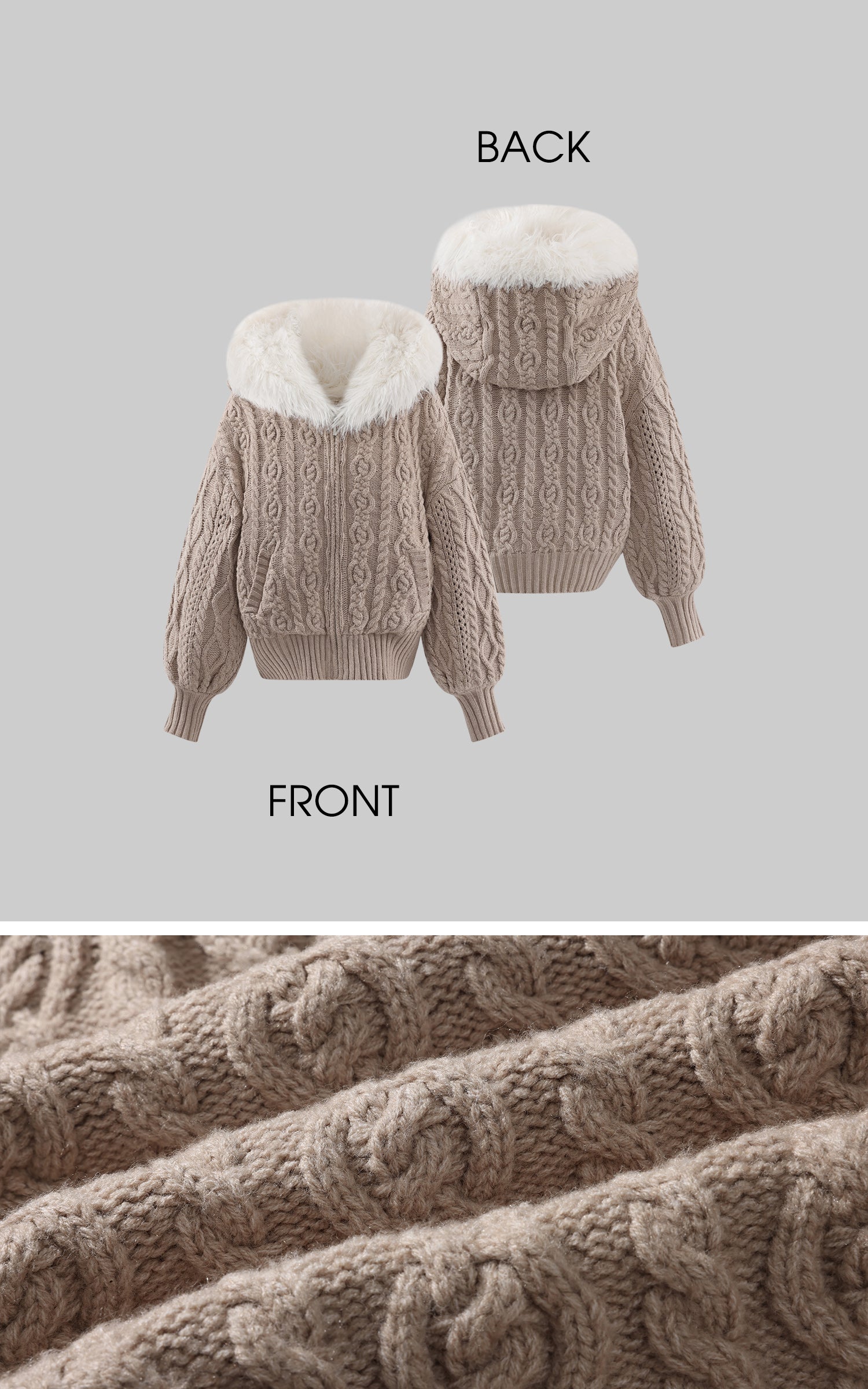 Rase le sol プラッシュライニング付きフードケーブルニットセータージャケット