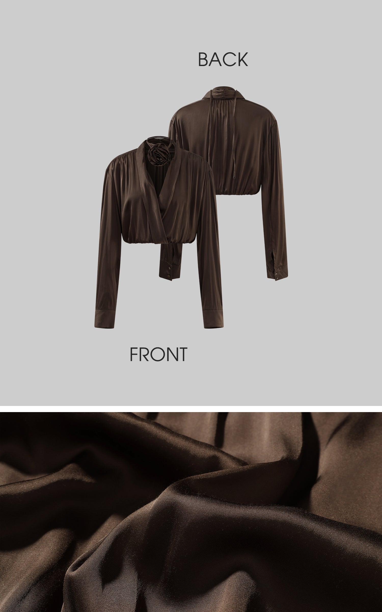 ROVENTE 取り外し可能なローズチョーカー付きドレープサテンクロップブラウス