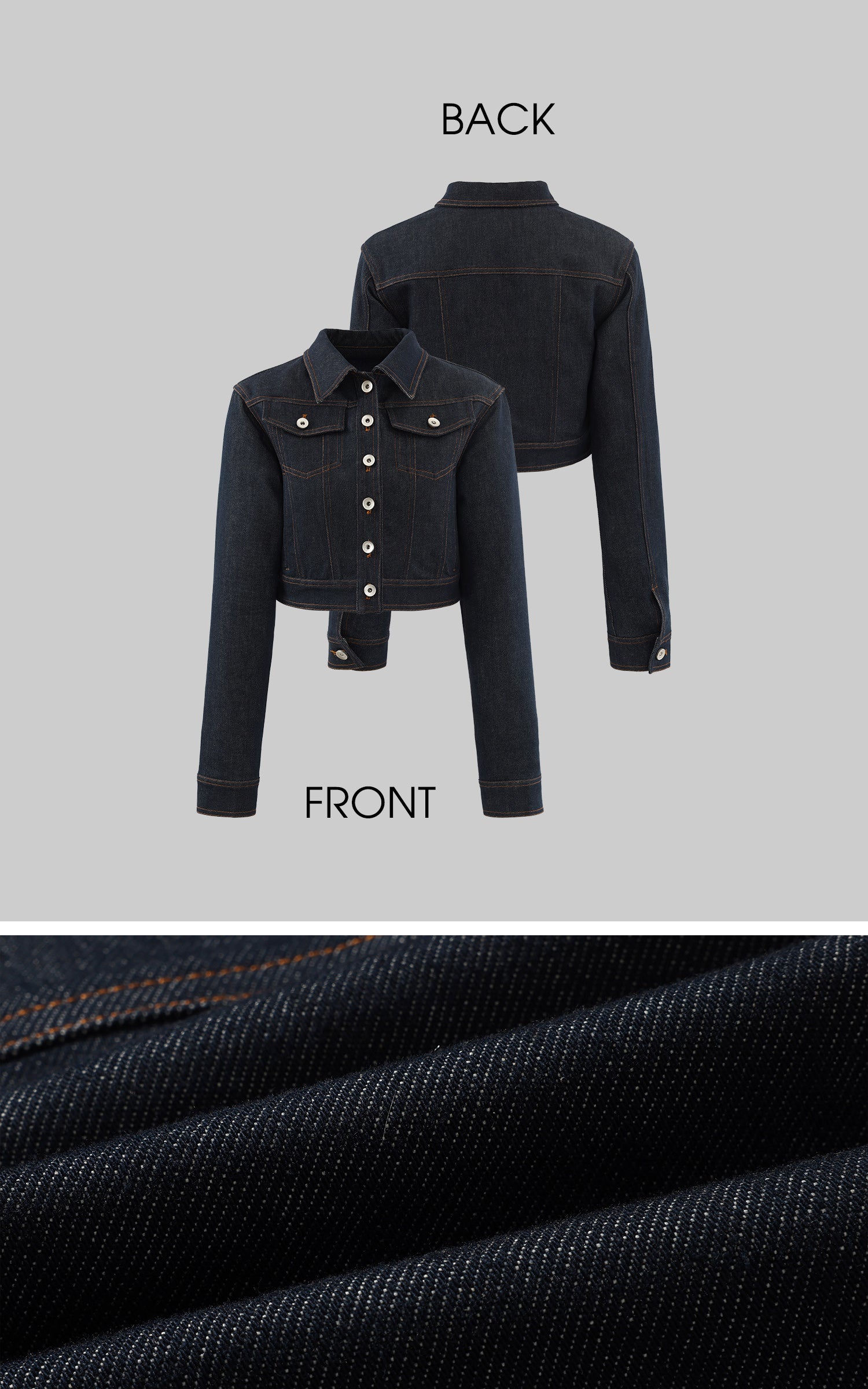 ROVENTE 構築的なフィット感とコントラストステッチが魅力のクロップドデニムジャケット