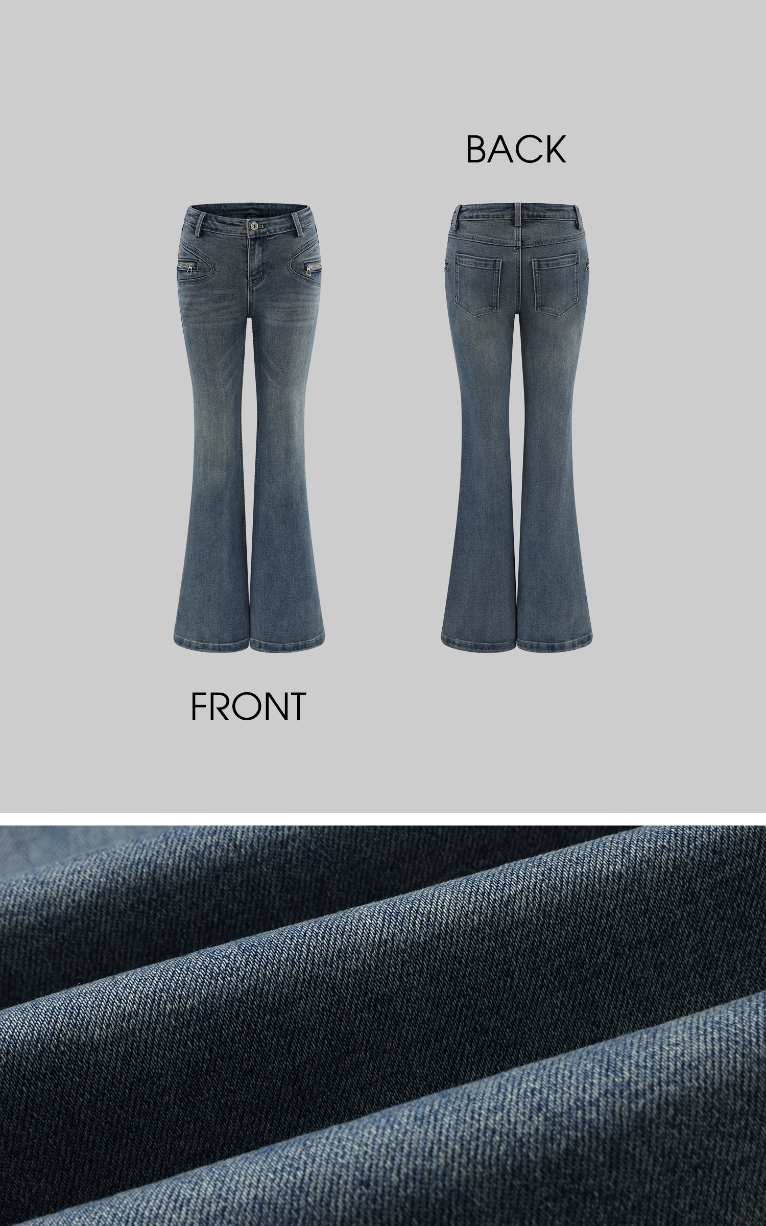 WARDEN EDGE Vintage Flare Denim Jeans Low Rise Bootcut Pants with Zipper Details