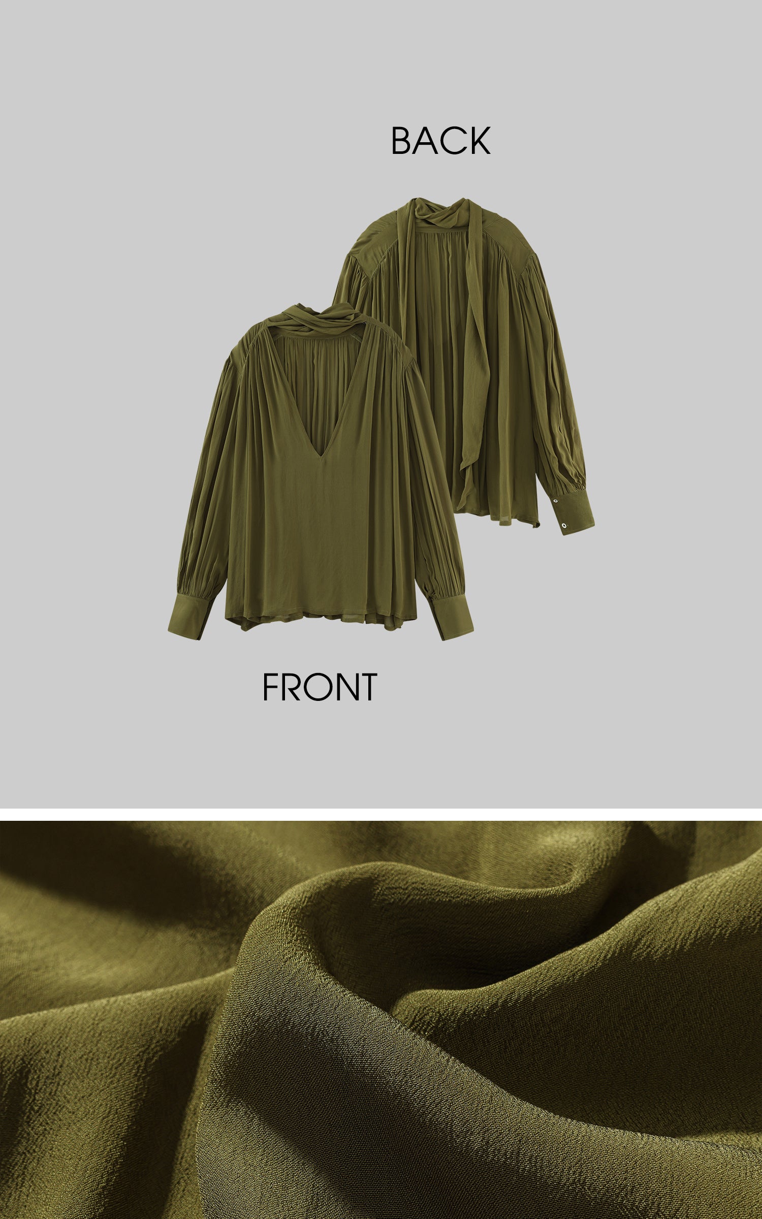 ROVENTE タイ付き襟とふんわり袖のドレープVネックブラウス