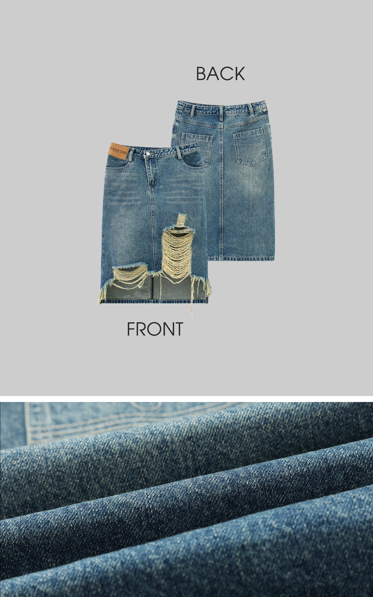 WARDEN EDGE Distressed Denim Midi Skirt with Asymmetrical Hem - PINKPARKS