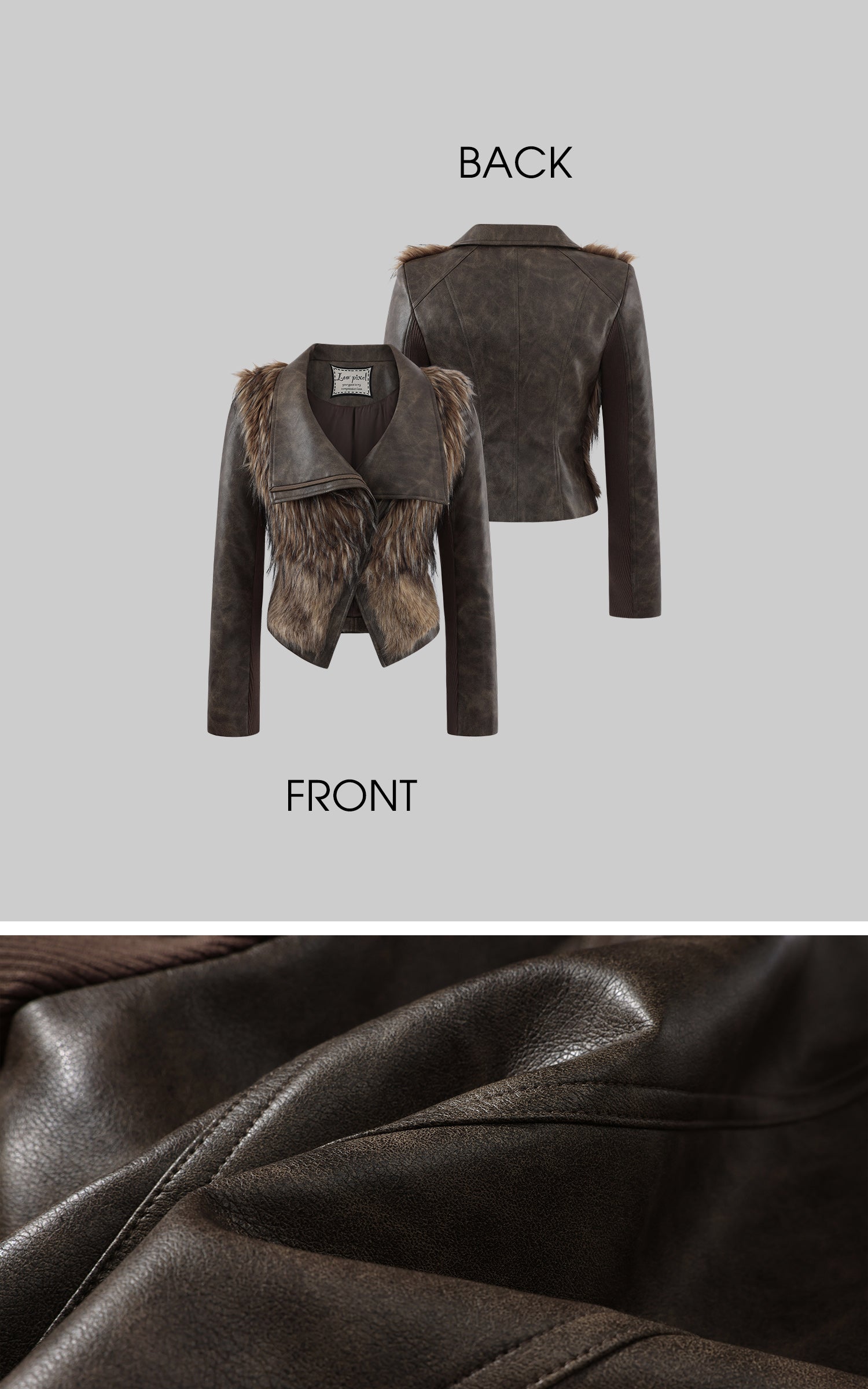 Low pixel フェイクファー パネル アシンメトリック クロップドジャケット