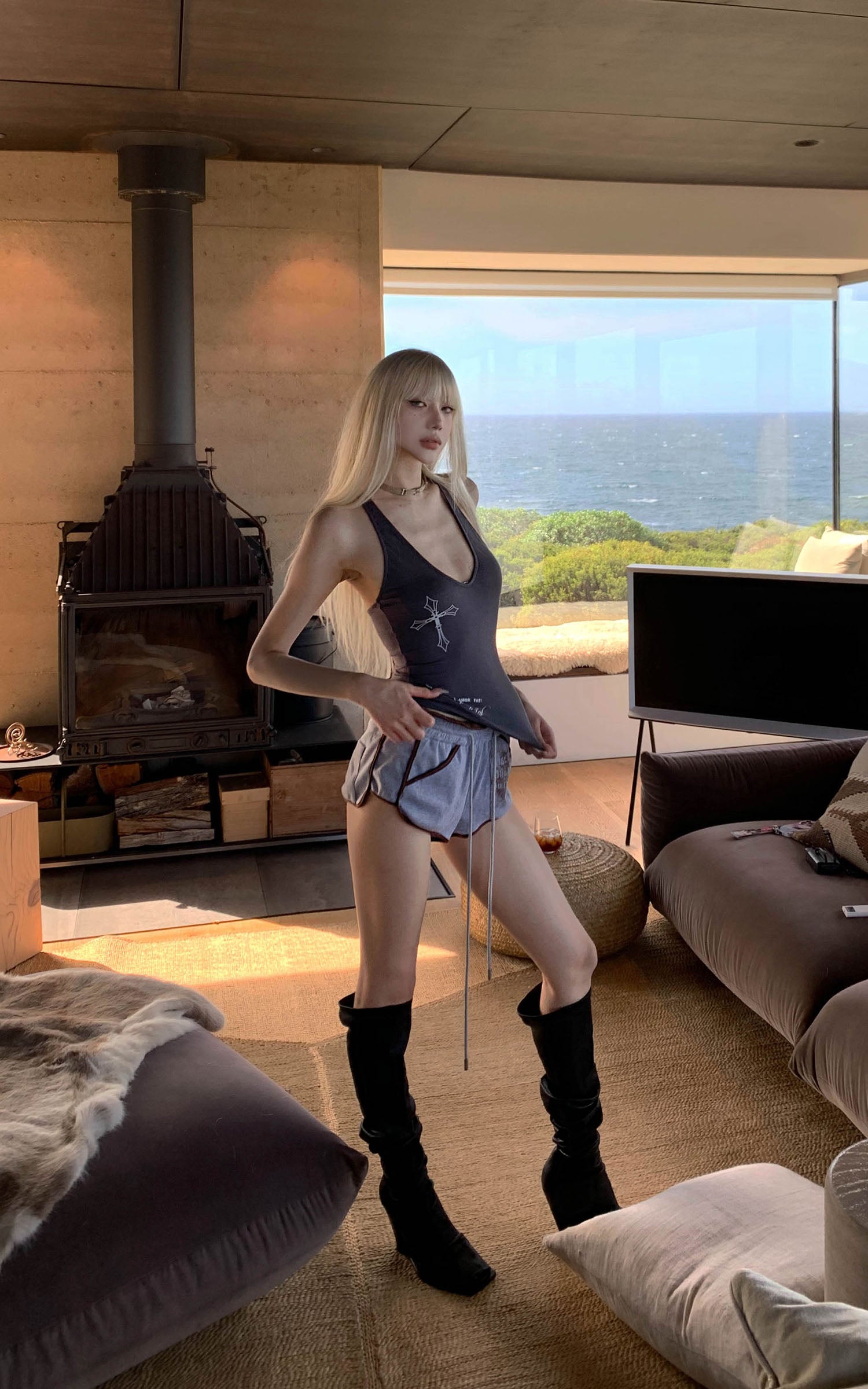 Rase le sol Cross-Print Twisted Back Tank Top - PINKPARKS