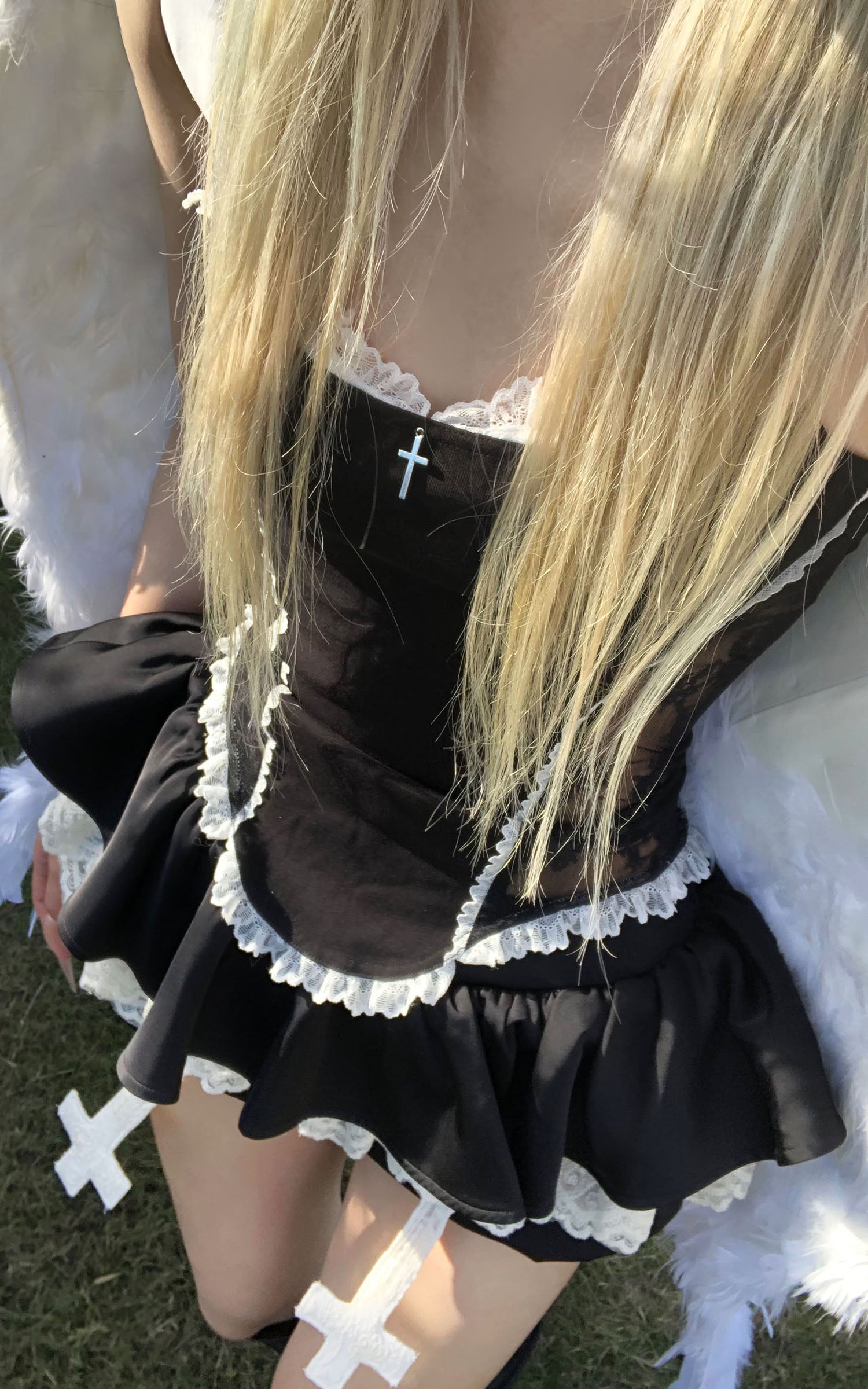 Rase le sol Lace-Trimmed Vest and Skirt Set with Cross Detail - PINKPARKS