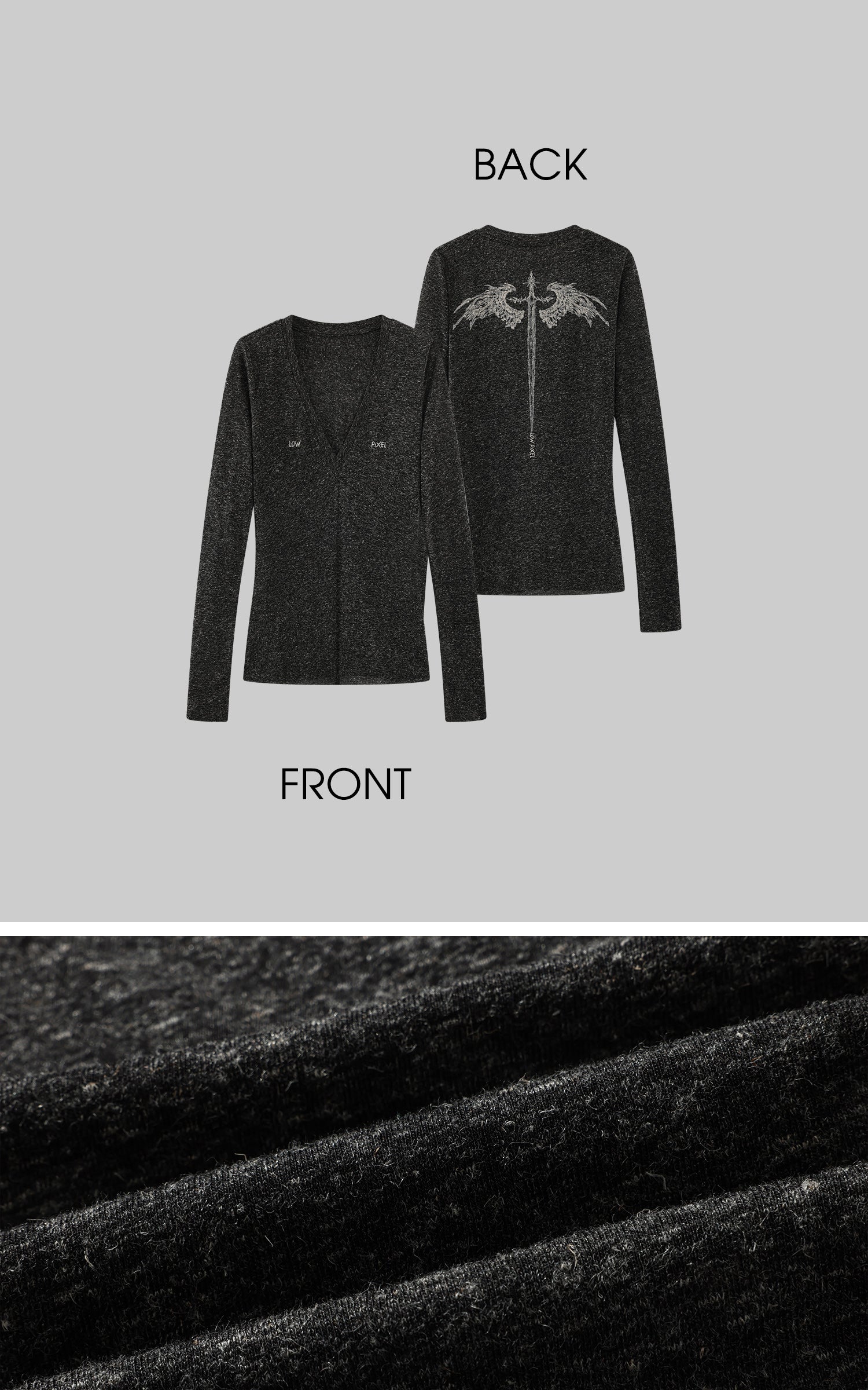 Low pixel Distressed Wing Print Deep V Long Sleeve Top