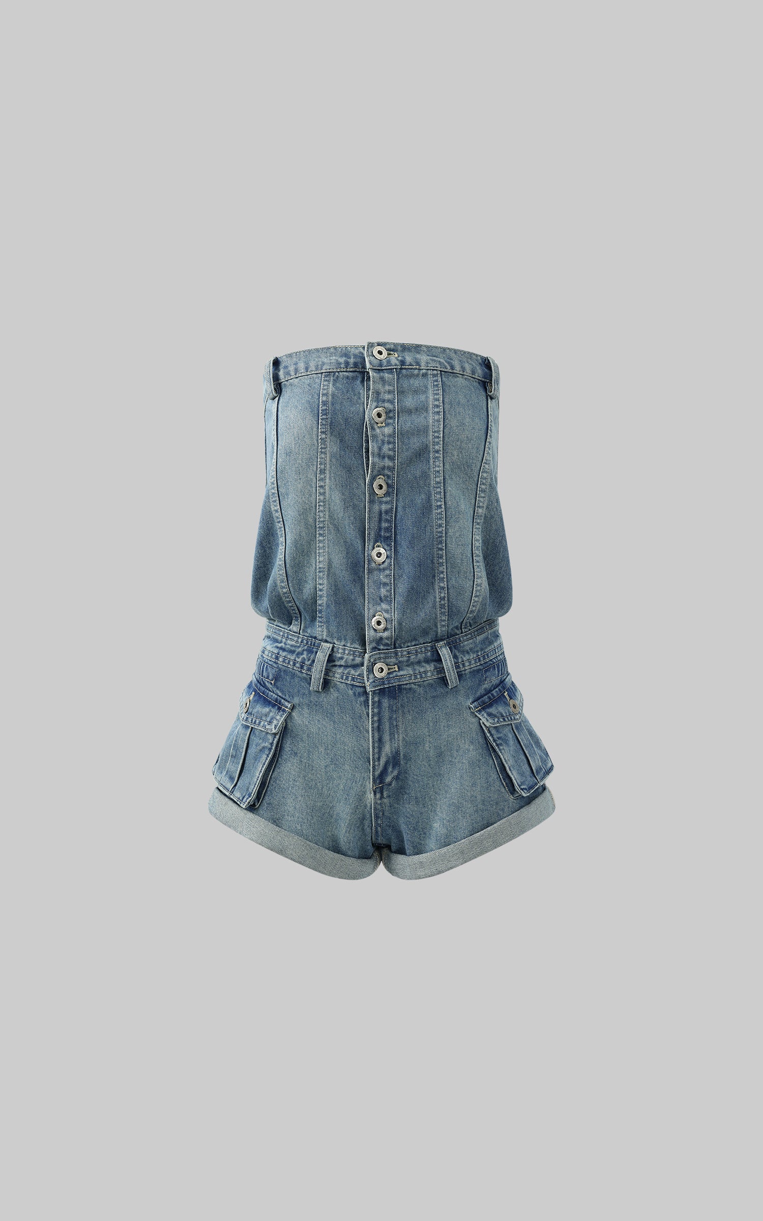 WARDEN EDGE Strapless Denim Utility Romper - PINKPARKS