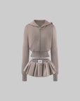 WARDEN EDGE Bow Hood Cropped Zip Hoodie and Pleated Mini Skirt Set