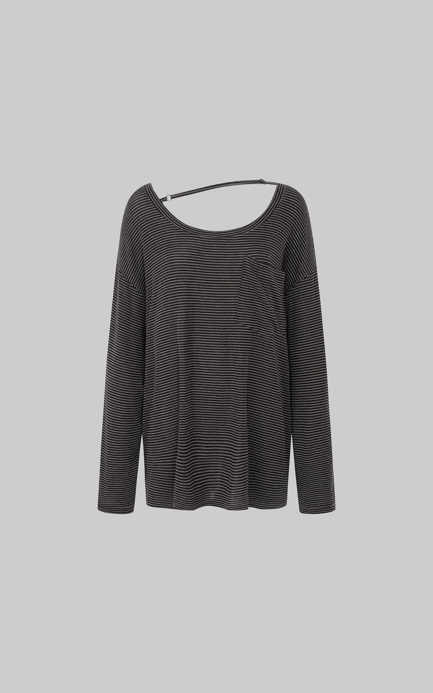 IAMXIAA ストライプ柄オフショルダー長袖トップス（バックストラップ付き）