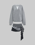 WARDEN EDGE Grey Knit Pullover & Asymmetrical Plaid Skirt Set - PINKPARKS