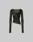 Low pixel Distressed Print Asymmetric Mesh Long Sleeve T-Shirt