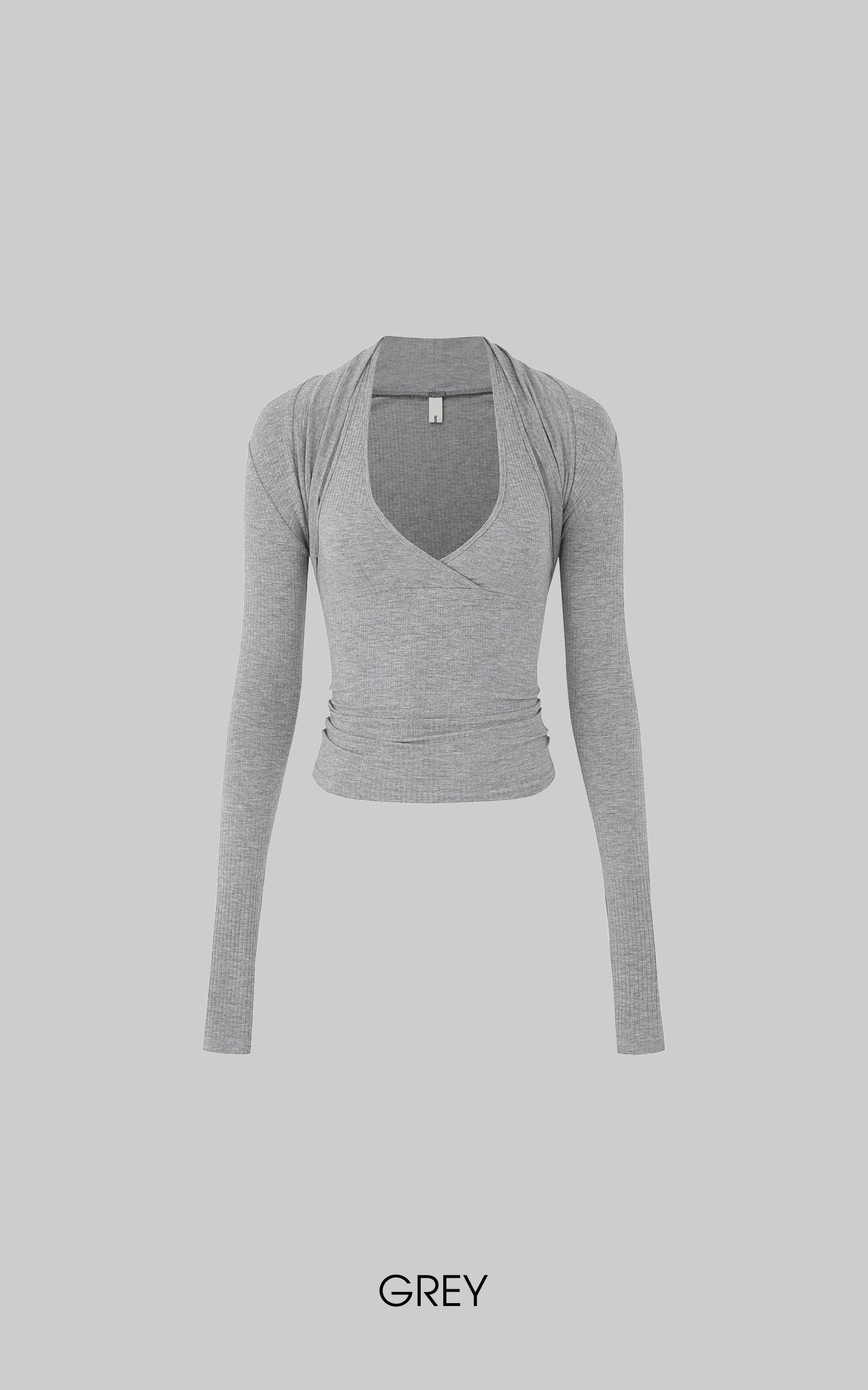 IAMXIAA カットアウトホルターロングスリーブシュラッグトップ リブニットスリムフィット