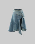 WARDEN EDGE Asymmetric Pocket Flare Denim Skirt with Deconstructed Belt Detail - PINKPARKS
