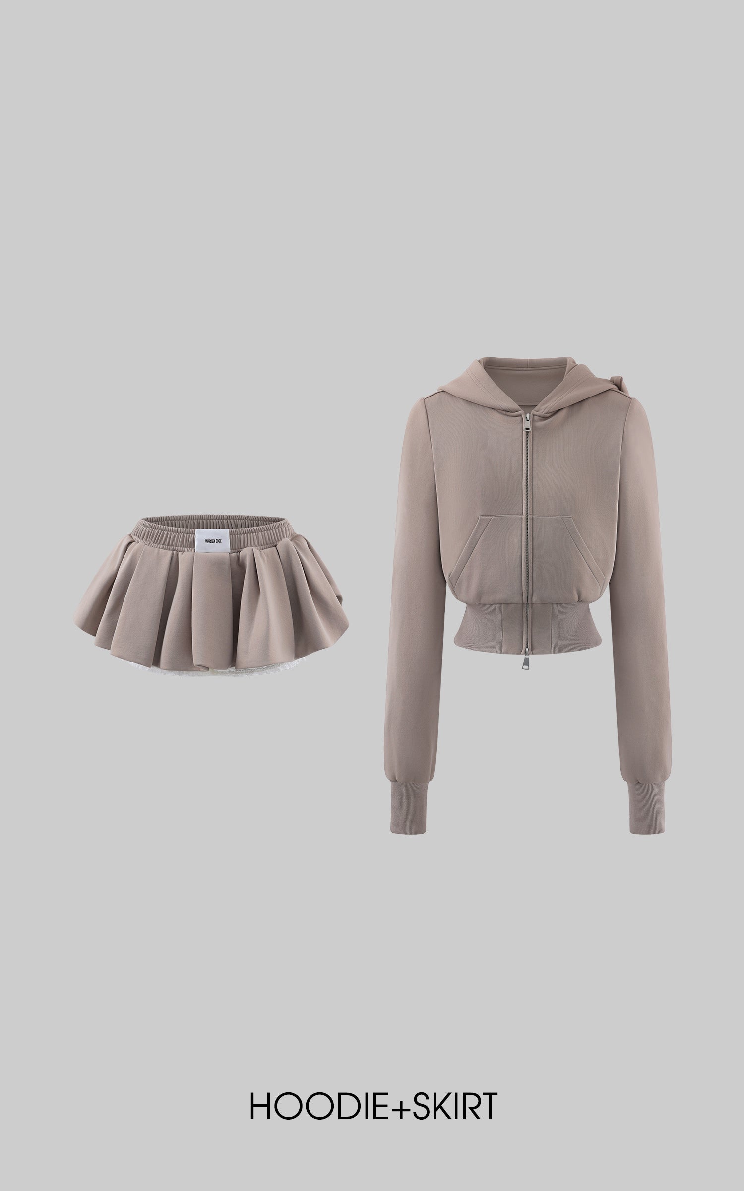 WARDEN EDGE Bow Hood Cropped Zip Hoodie and Pleated Mini Skirt Set