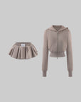 WARDEN EDGE Bow Hood Cropped Zip Hoodie and Pleated Mini Skirt Set