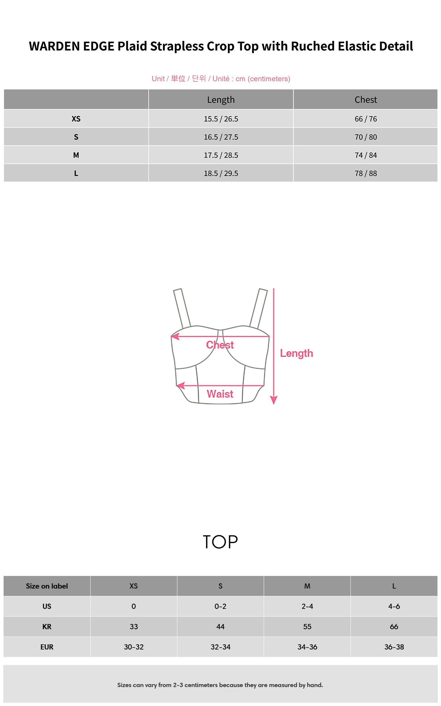 WARDEN EDGE ギンガム柄ストラップレスクロップトップ・シャーリングゴムディテール