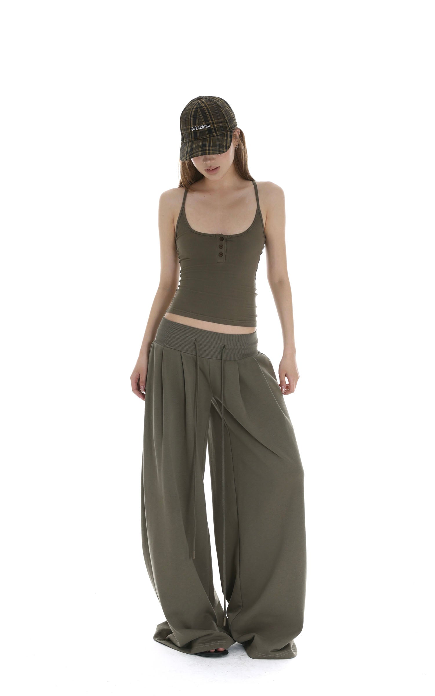 IAMXIAA リブボタンタンク＆ワイドレッグドローストリングパンツ2点セット