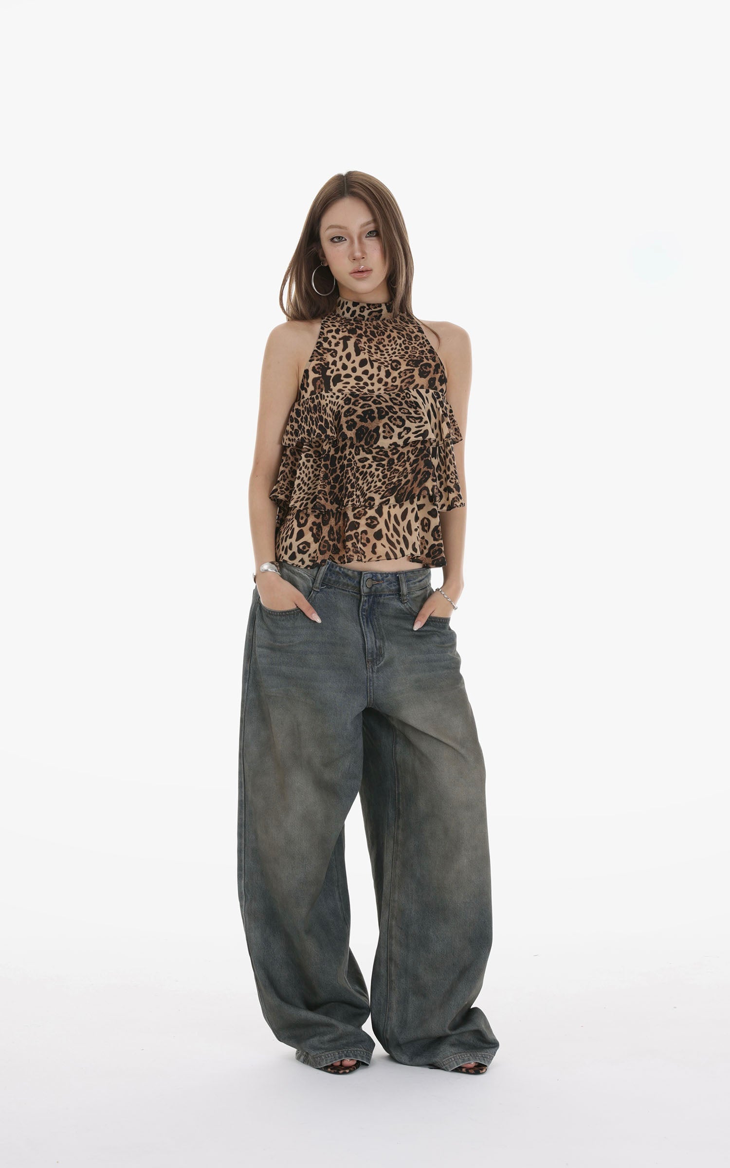 IAMXIAA レオパード柄フリルタンクトップ ハイネック シアーレイヤードベスト