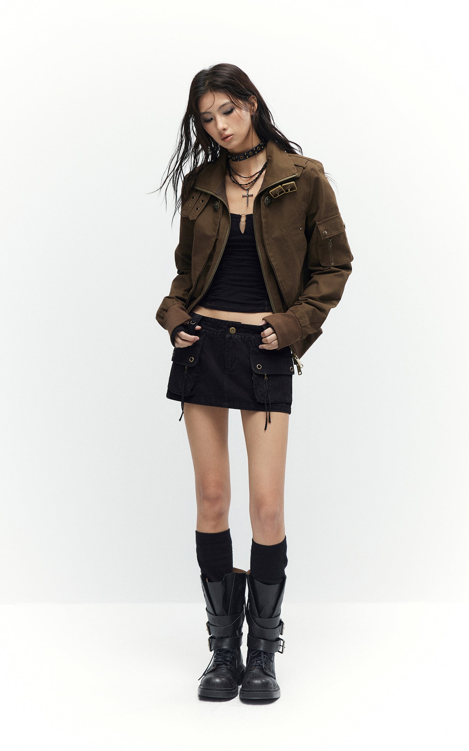 Low pixel Buckled Stand Collar Cropped Utility Jacket
