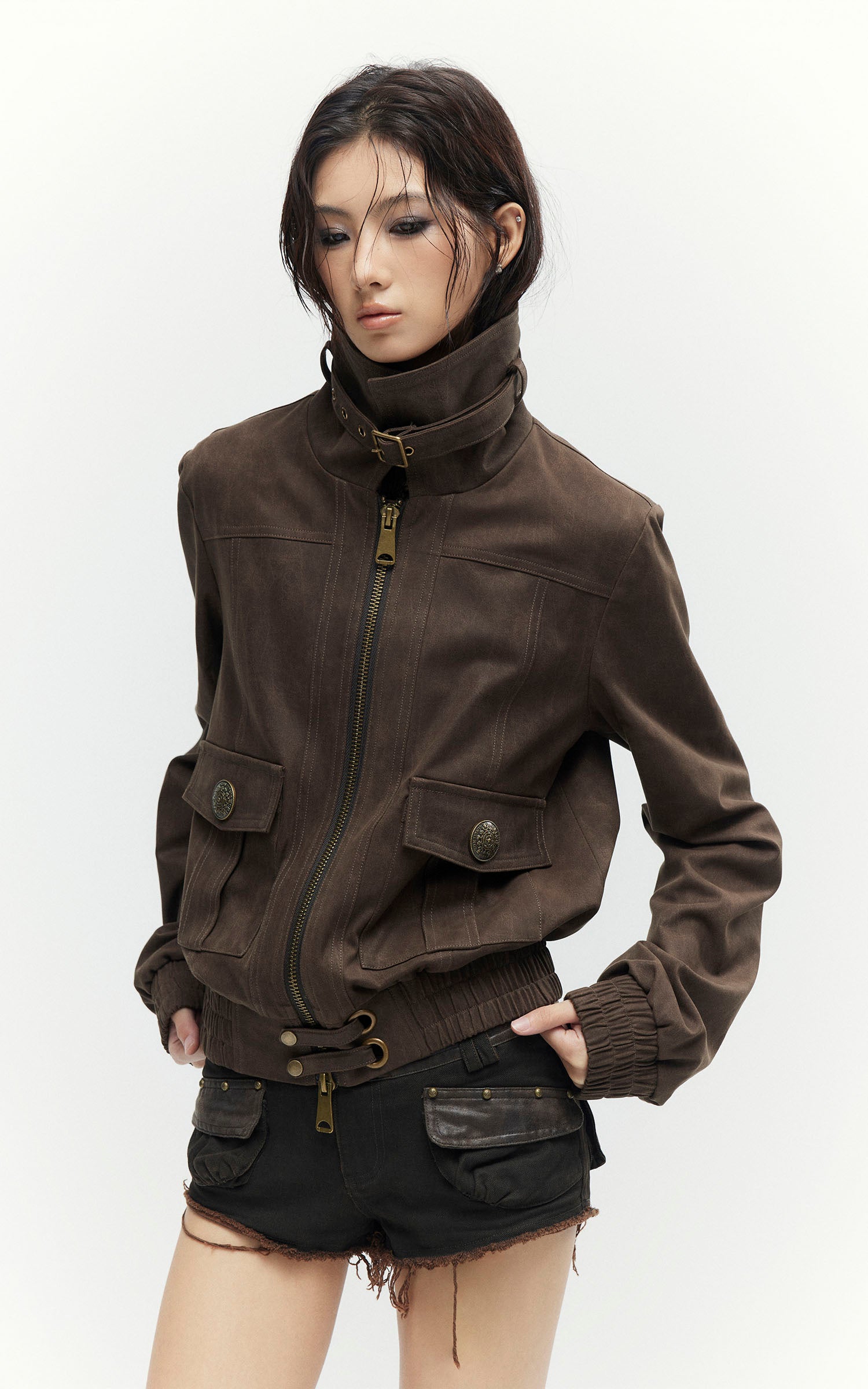 Low pixel Distressed Utility Cropped Zip Jacket