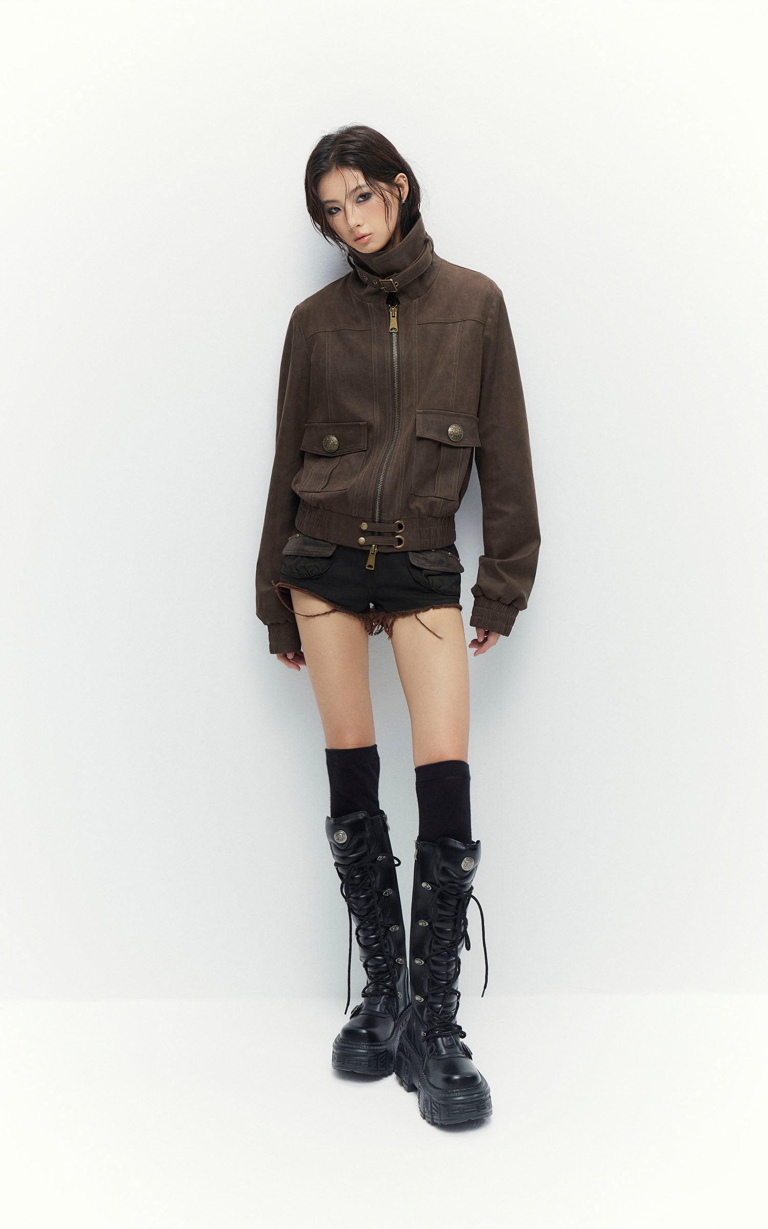 Low pixel Distressed Utility Cropped Zip Jacket