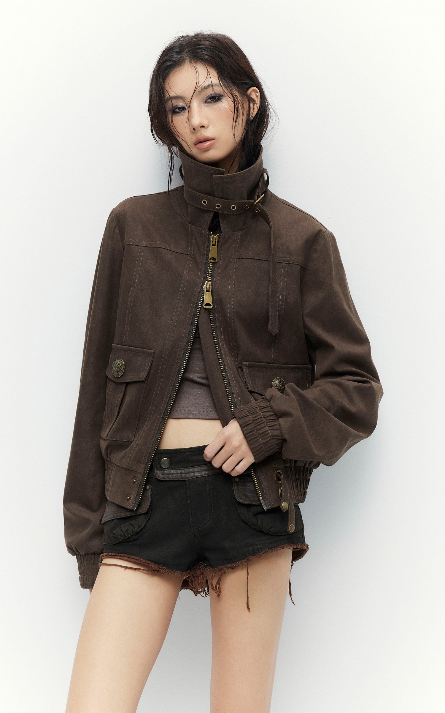 Low pixel Distressed Utility Cropped Zip Jacket