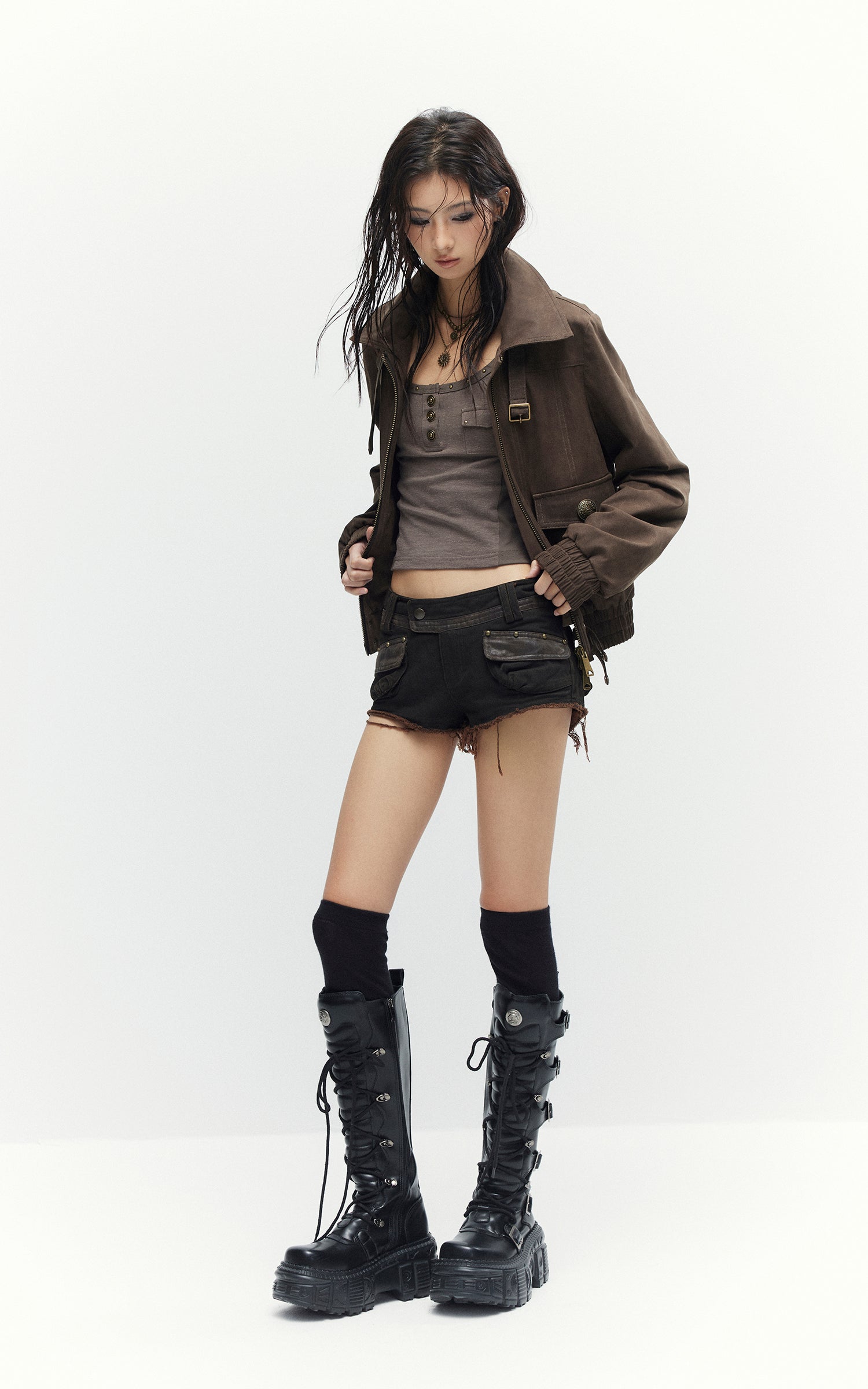 Low pixel Distressed Utility Cropped Zip Jacket