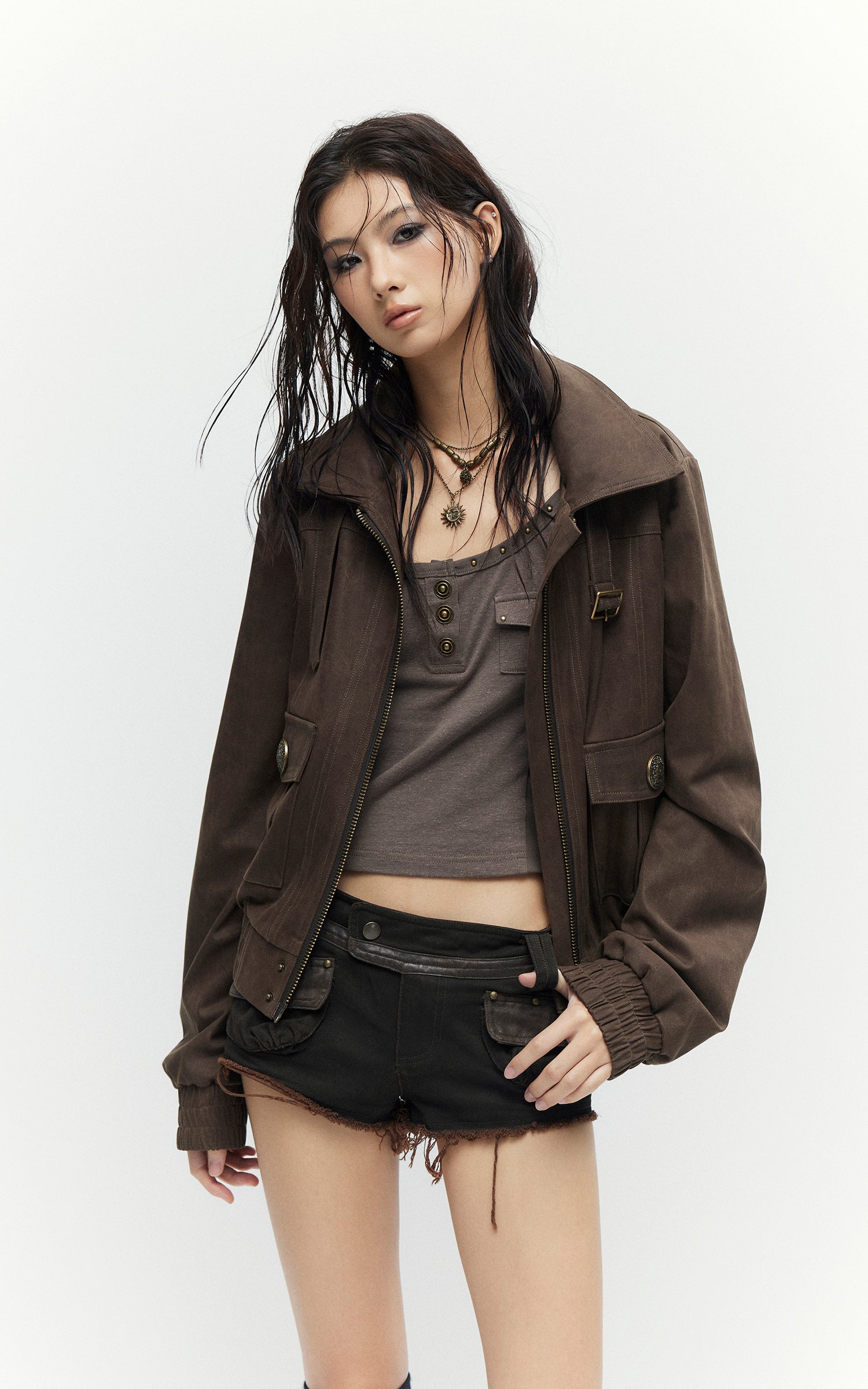 Low pixel Distressed Utility Cropped Zip Jacket