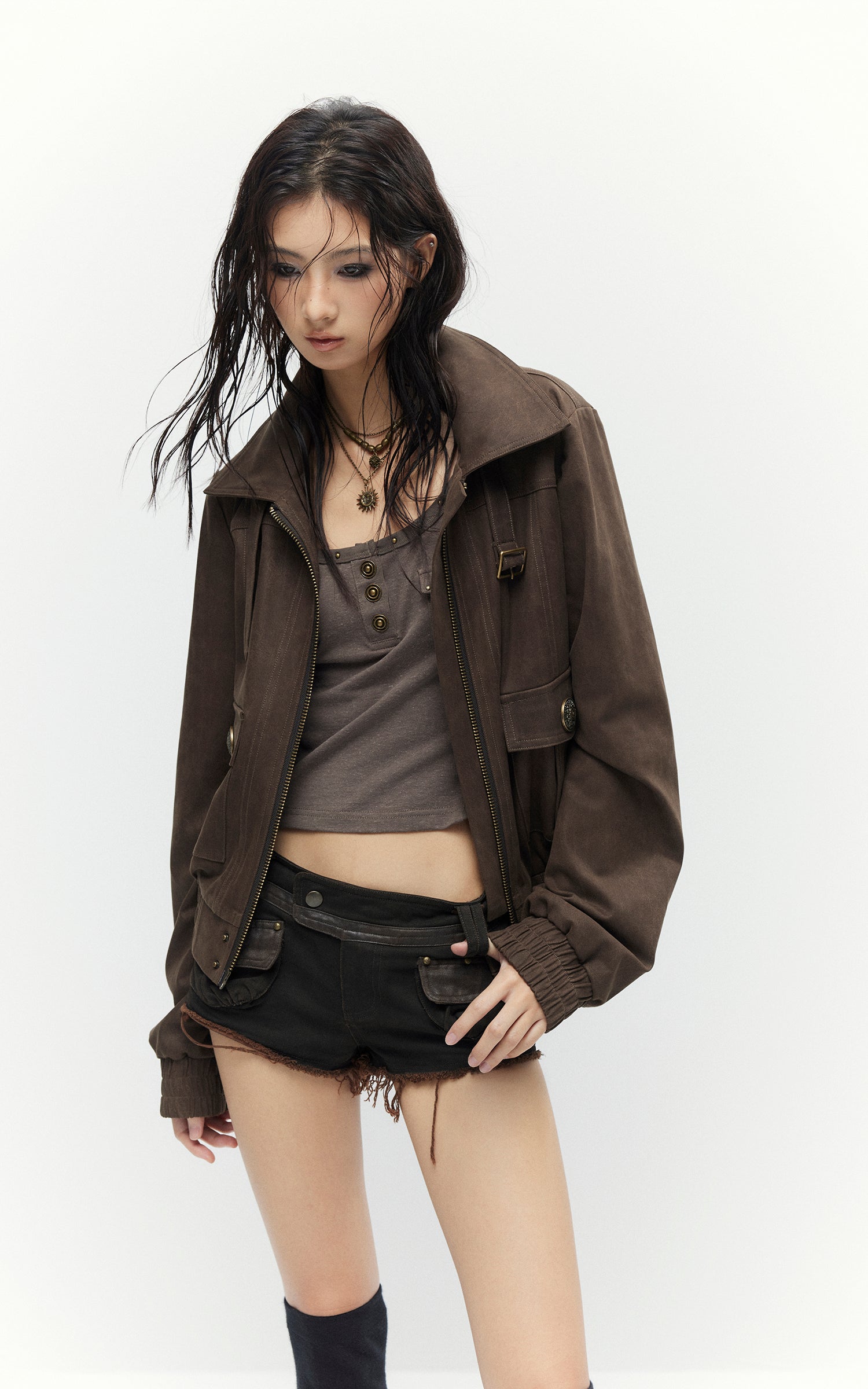 Low pixel Distressed Utility Cropped Zip Jacket