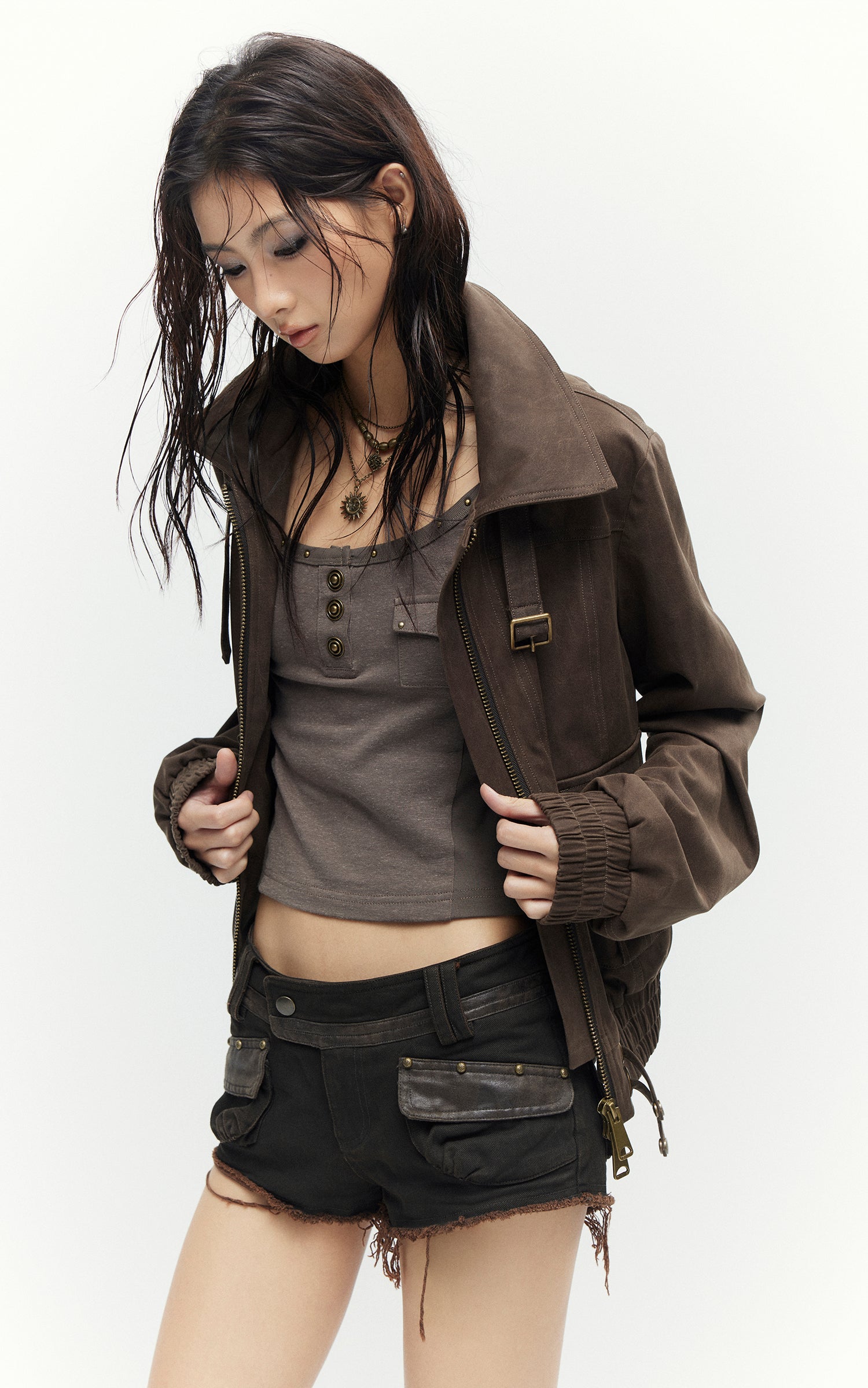 Low pixel Distressed Utility Cropped Zip Jacket