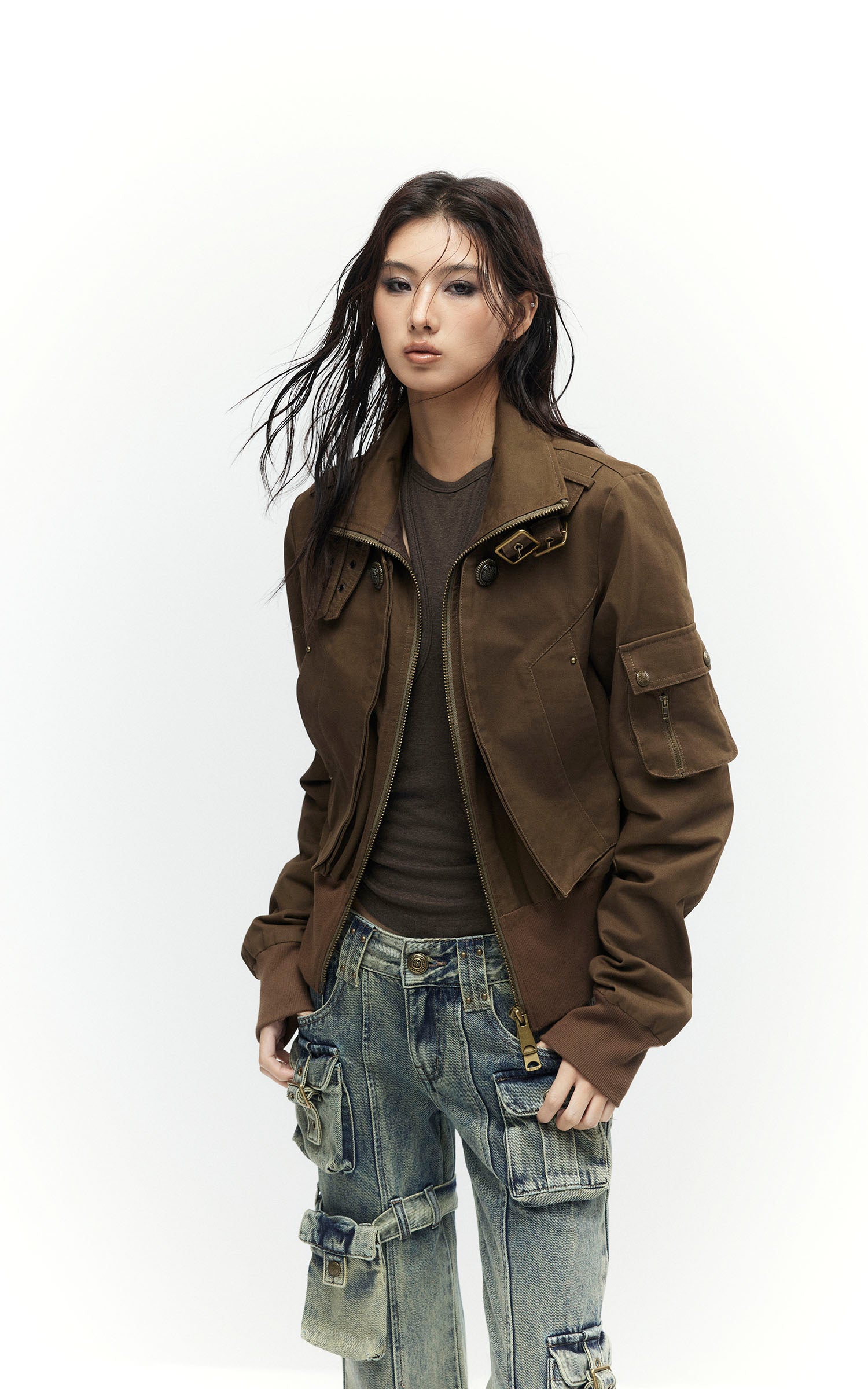 Low pixel Buckled Stand Collar Cropped Utility Jacket