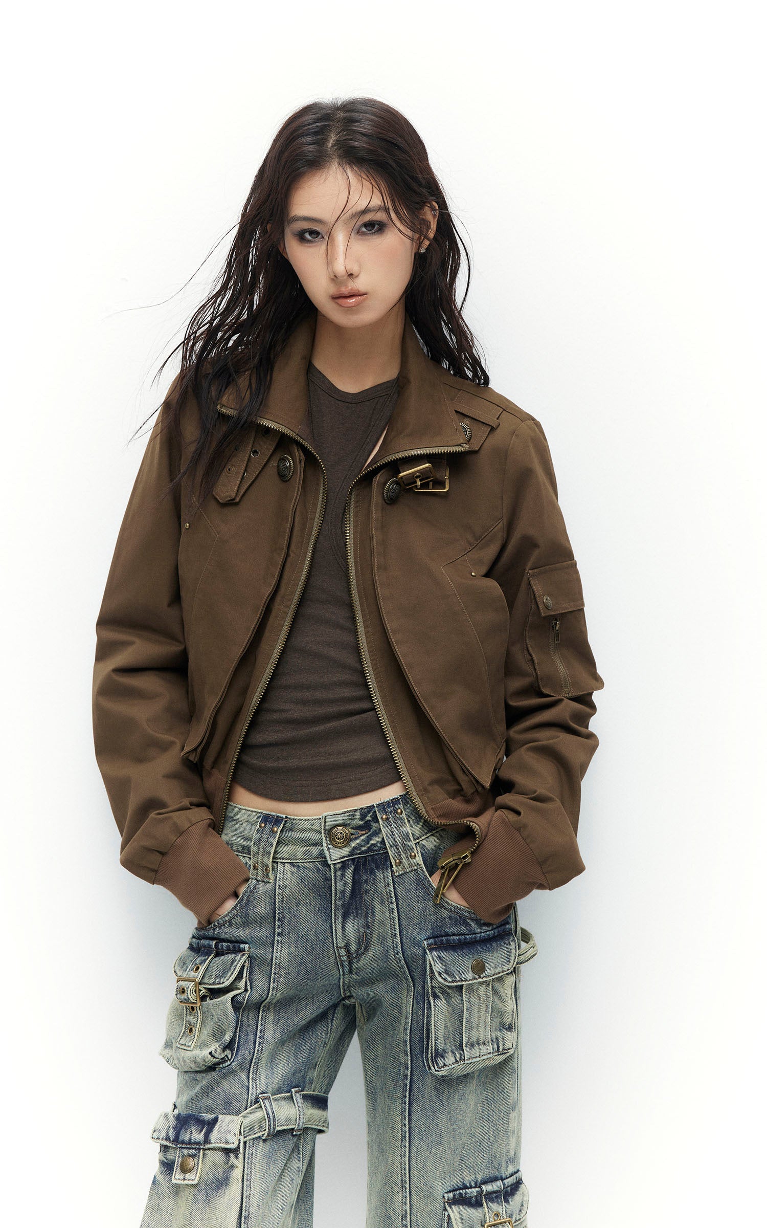 Low pixel Buckled Stand Collar Cropped Utility Jacket