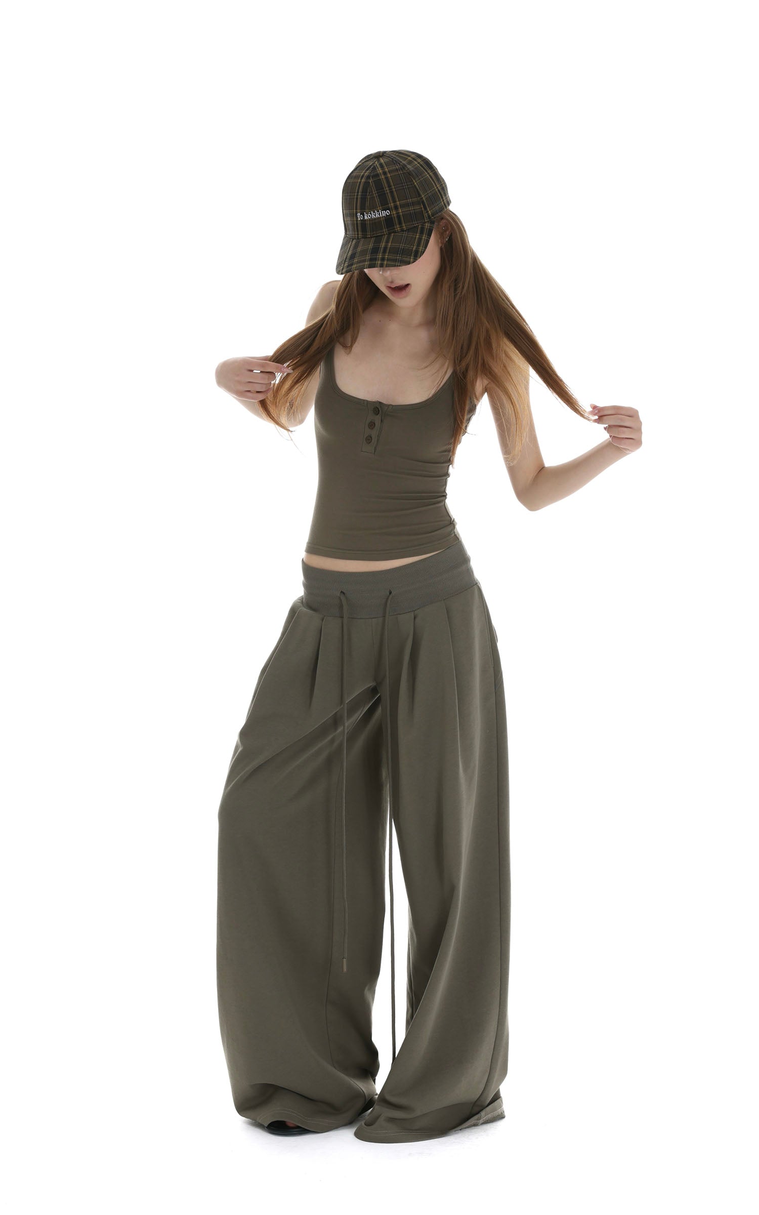 IAMXIAA リブボタンタンク＆ワイドレッグドローストリングパンツ2点セット