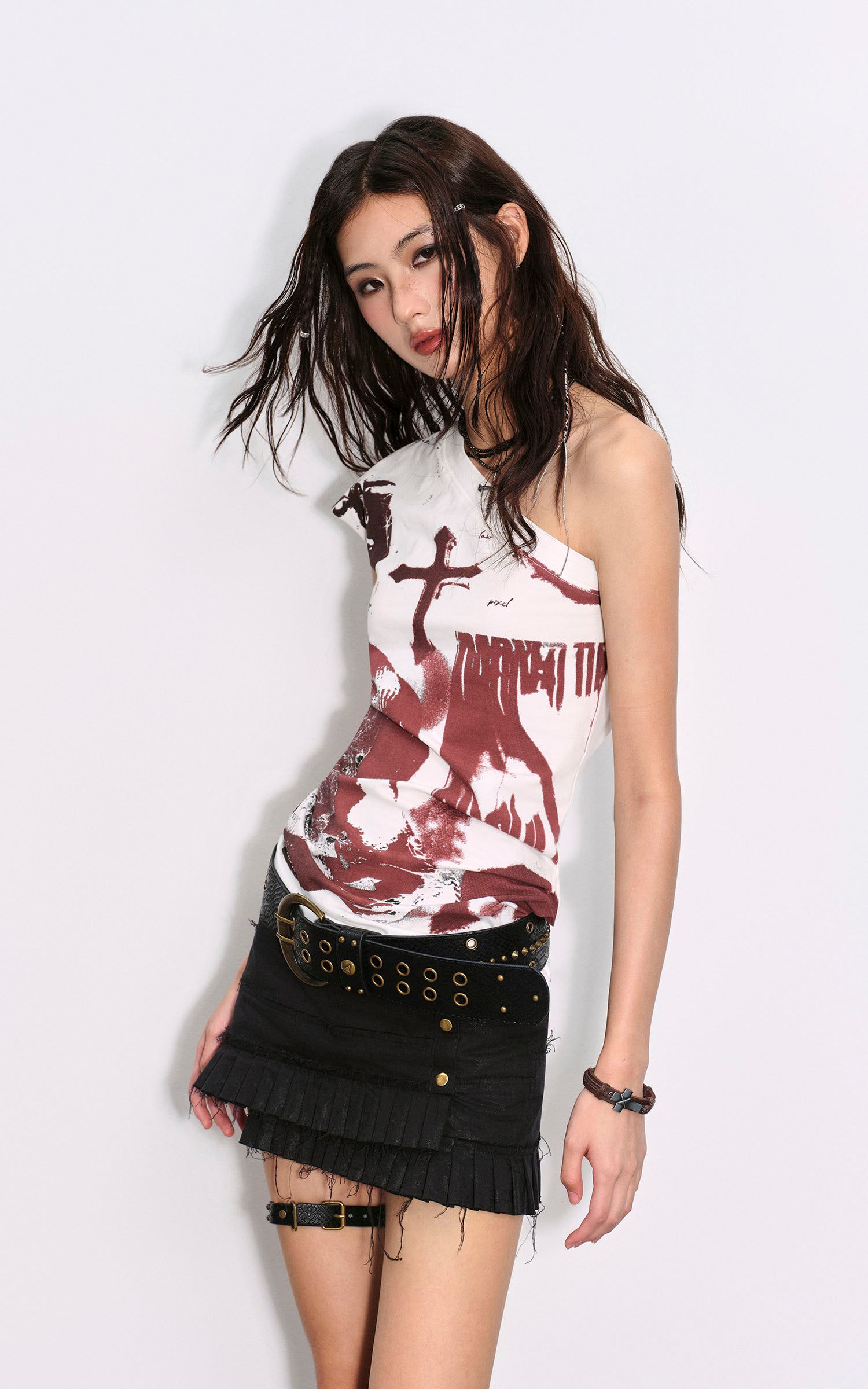 Low pixel ダメージ加工スタッズ付きプリーツミニスカート