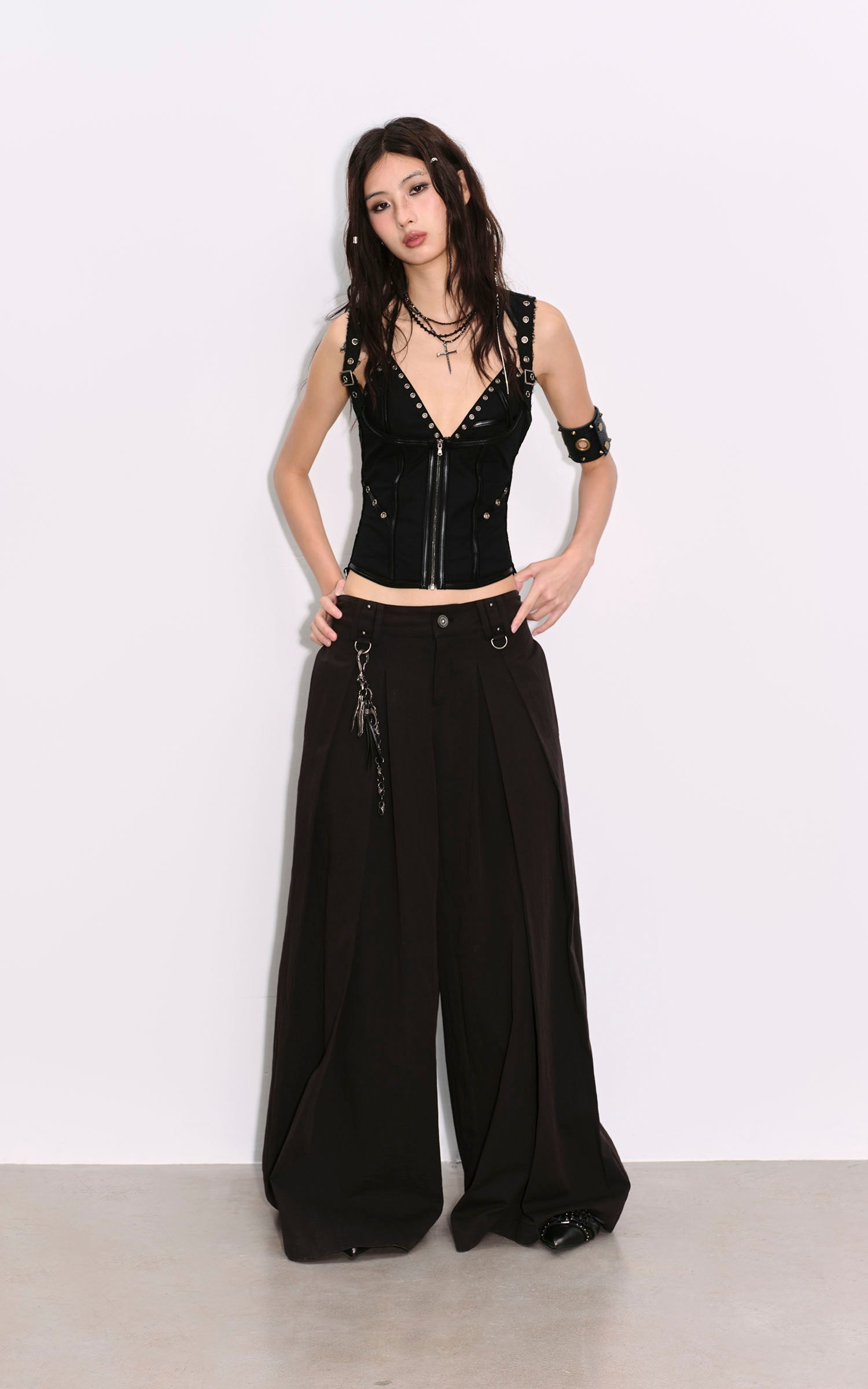 Low pixel Dリングプリーツワイドレッグカジュアルパンツ