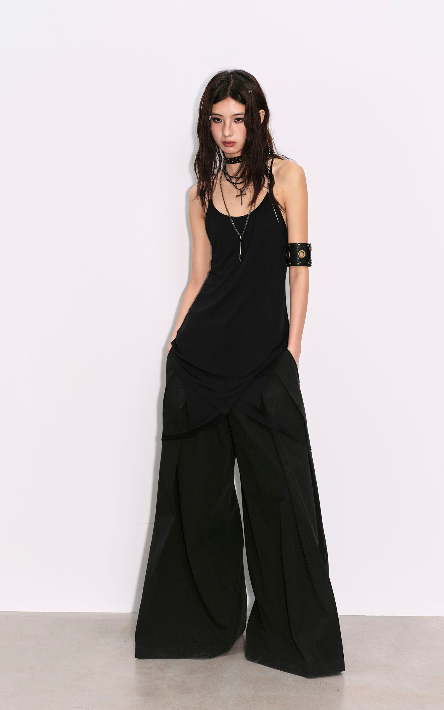 Low pixel Dリングプリーツワイドレッグカジュアルパンツ