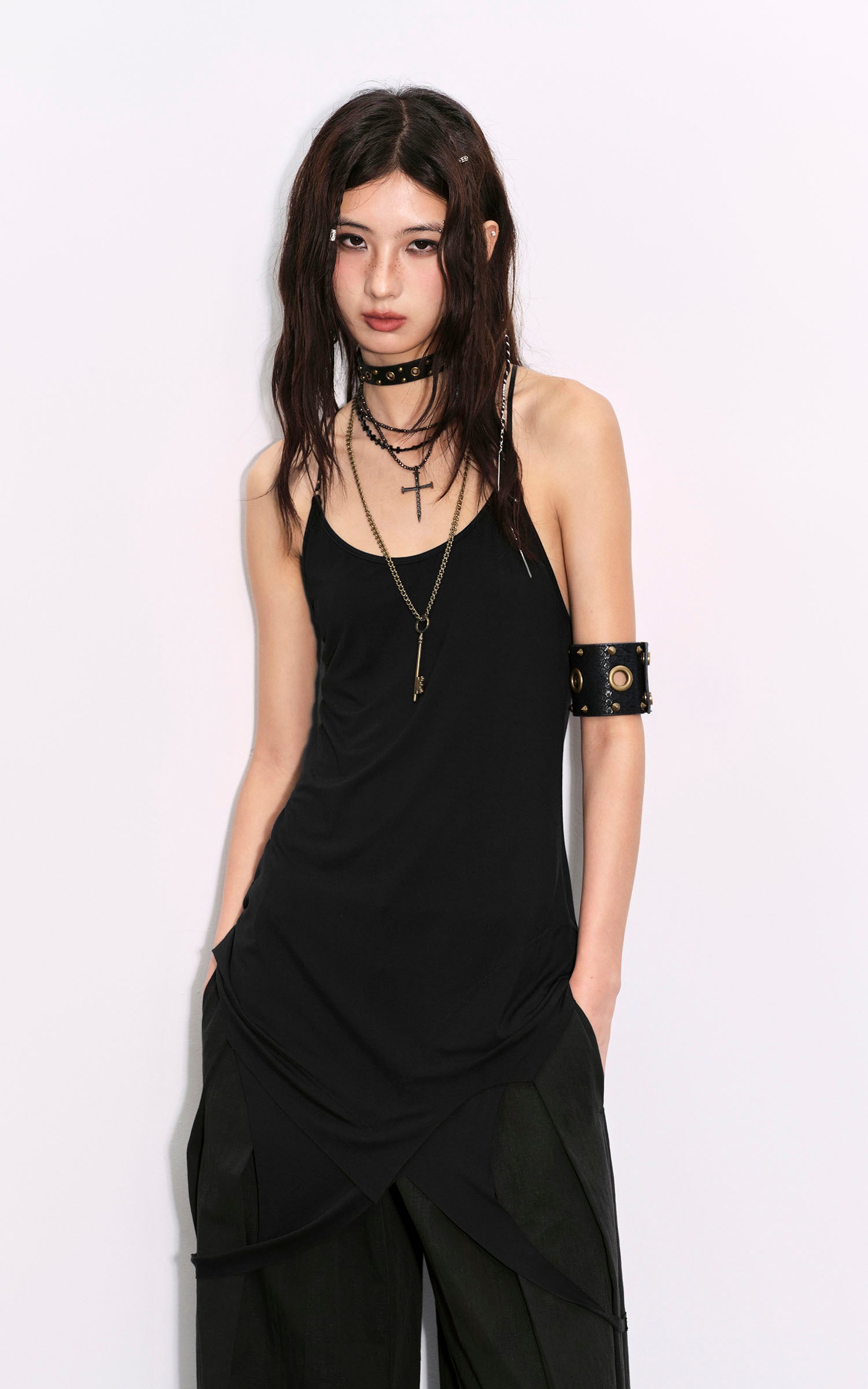 Low pixel Dリングプリーツワイドレッグカジュアルパンツ