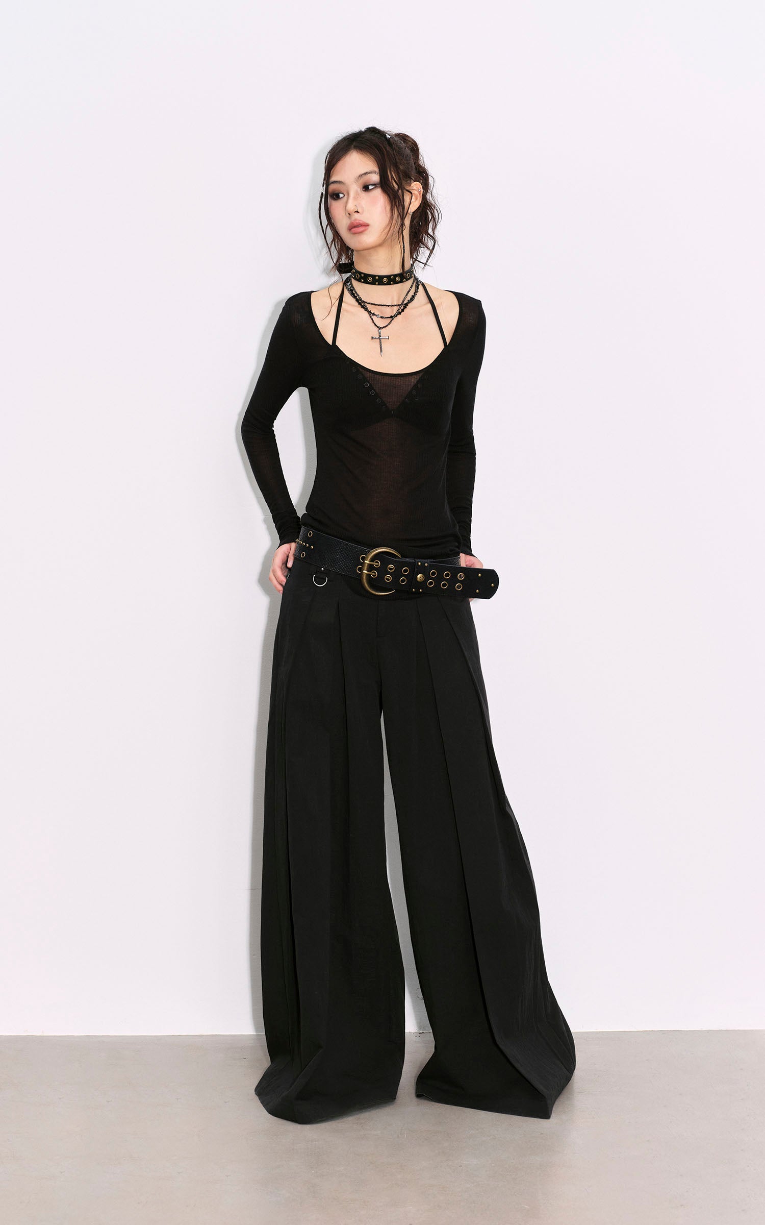 Low pixel Dリングプリーツワイドレッグカジュアルパンツ