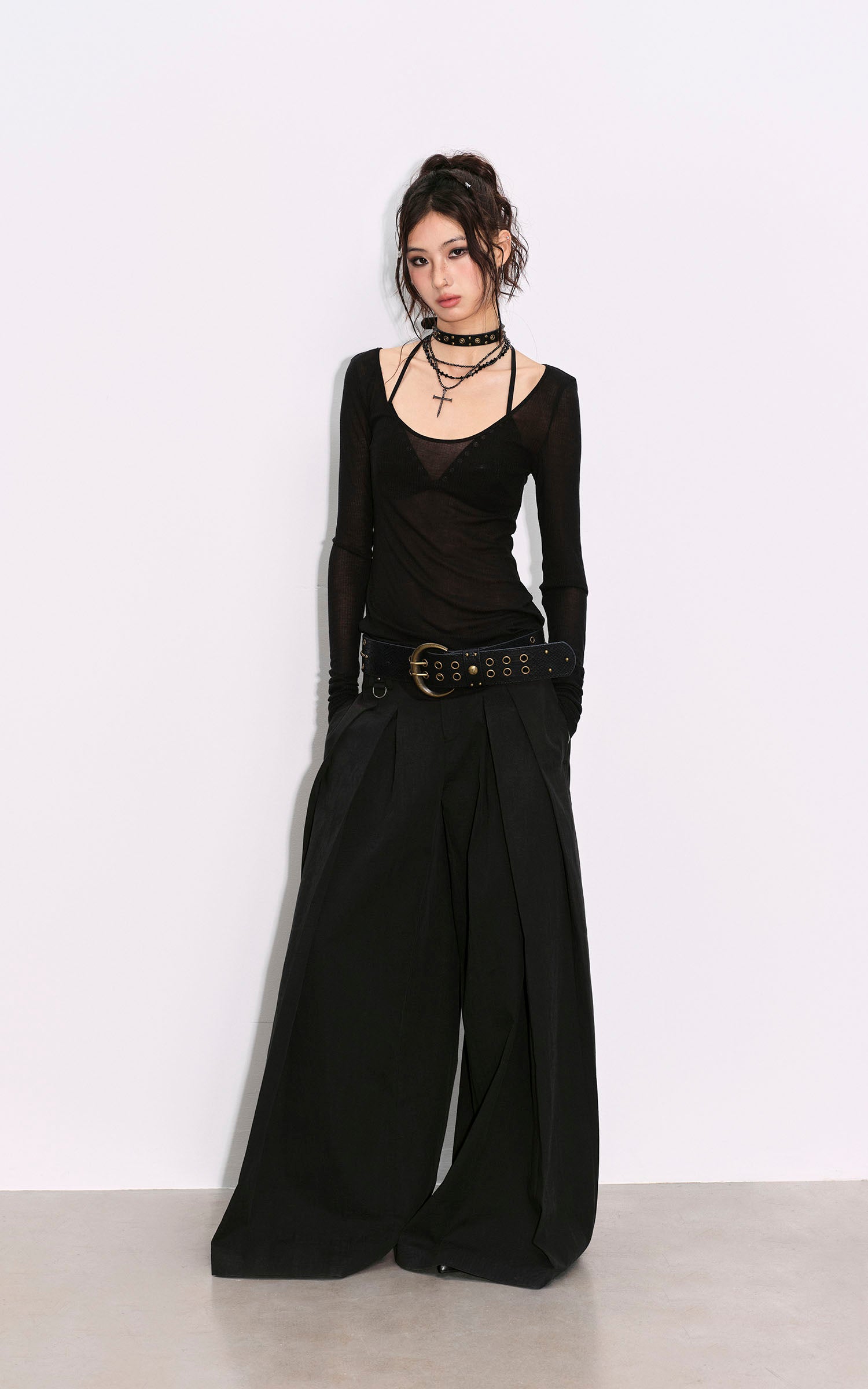 Low pixel Dリングプリーツワイドレッグカジュアルパンツ