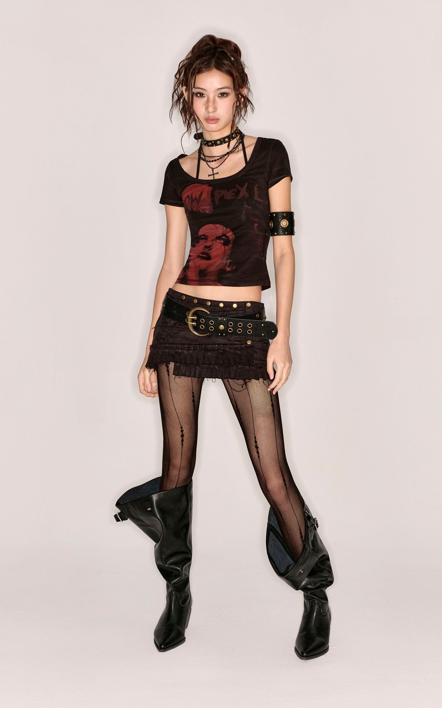 Low pixel ダメージ加工スタッズ付きプリーツミニスカート