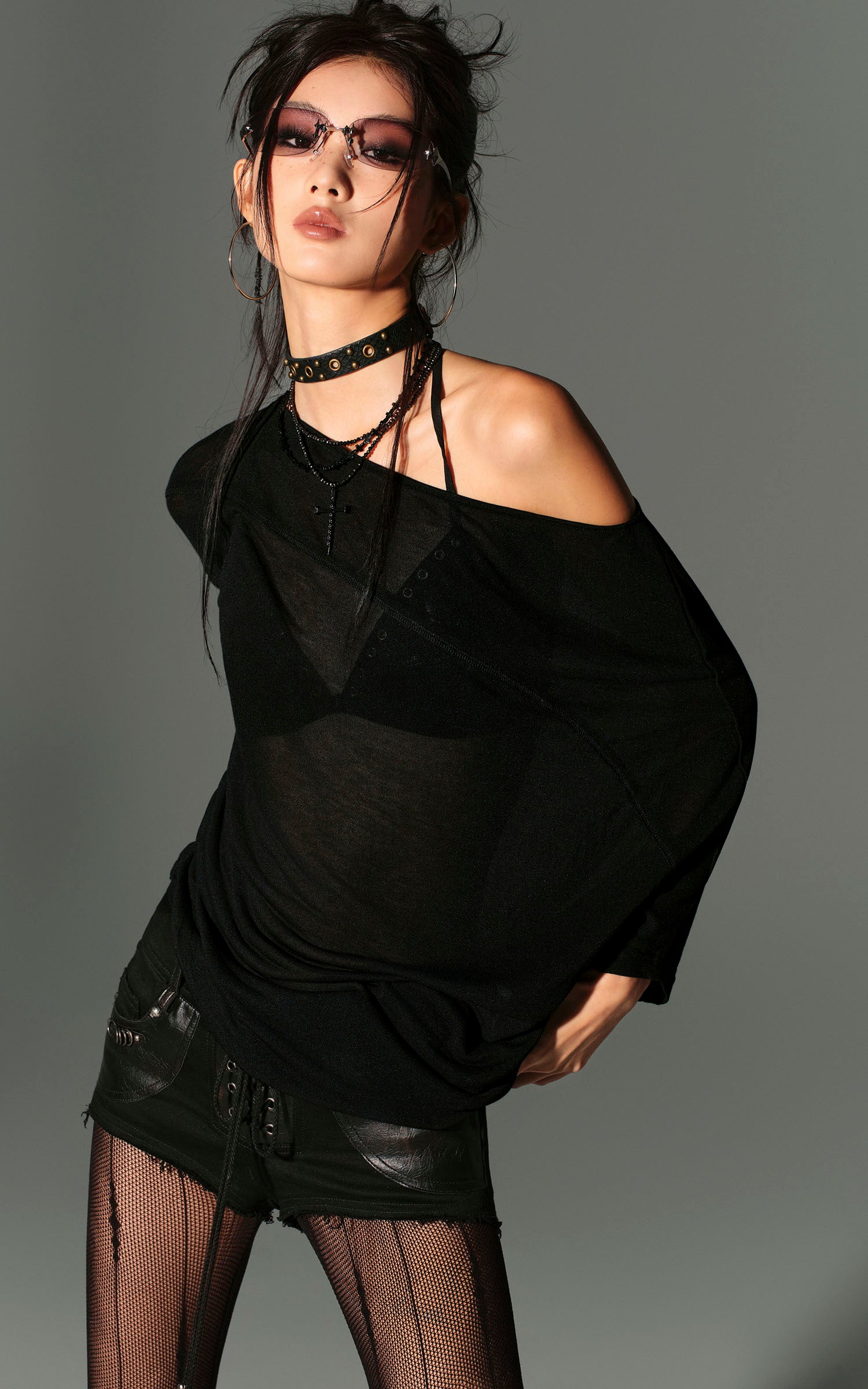 Low pixel レースアップディストレストショーツ（取り外し可能なユーティリティポケット付き）